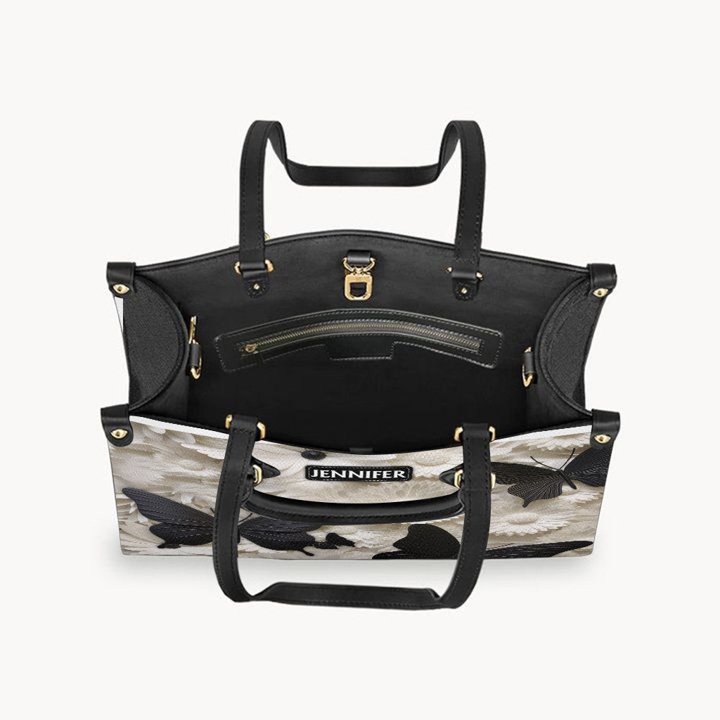 Elegant Black And White Butterflies And Flowers - Personalized Butterfly Leather Handbag