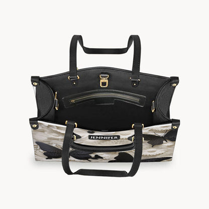 Elegant Black And White Butterflies And Flowers - Personalized Butterfly Leather Handbag