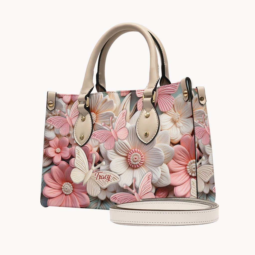 Butterfies And Flowers - Personalized Butterfly Leather Handbag