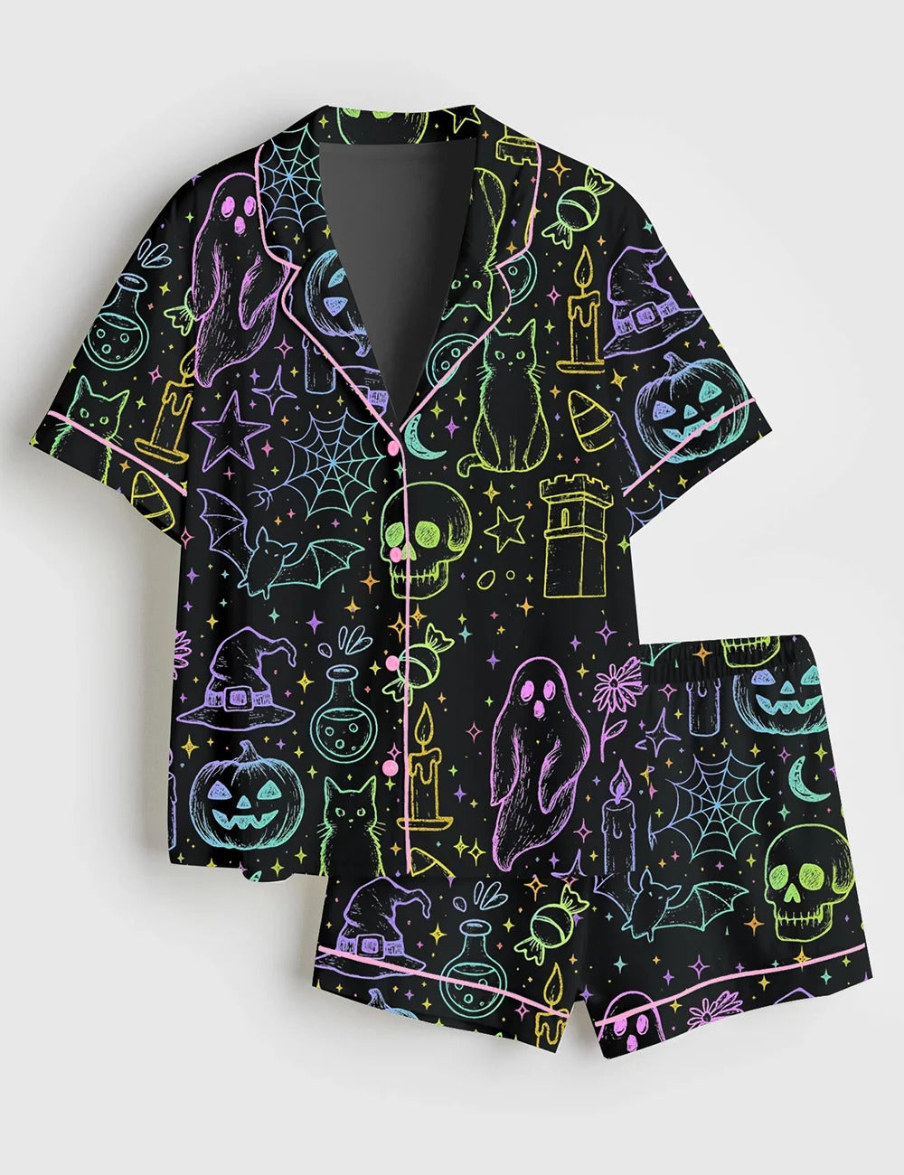 Women’s Halloween Neon Cute Boo Ghost Coquette Spooky Season Horror Movie Horror Night Print Short Sleeve Satin Pajama Set