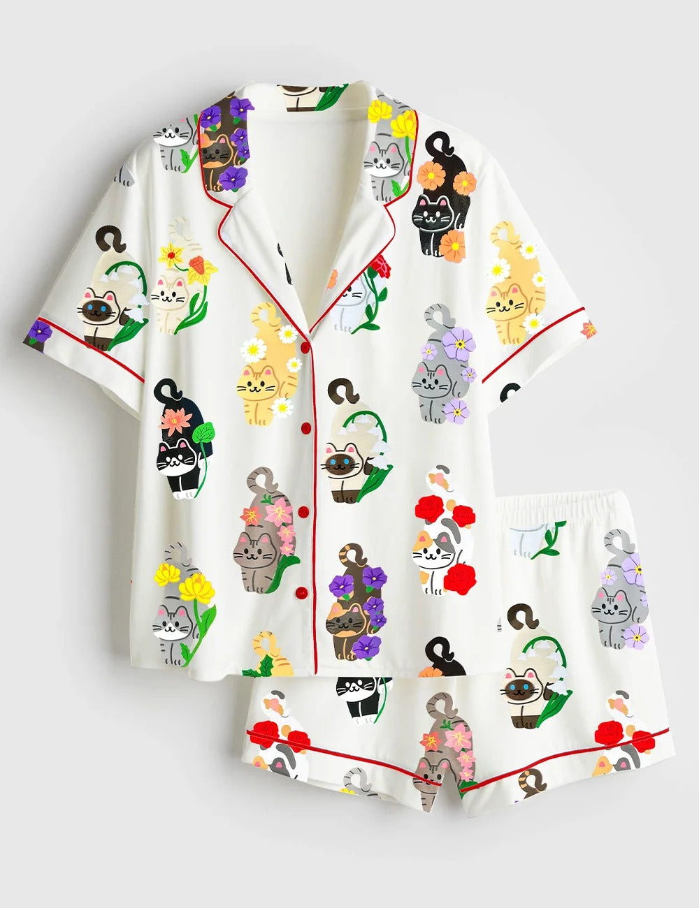 Women’s Birth Months Flower Cats Cute Cat Lover Print Short Sleeve Satin Pajama Set