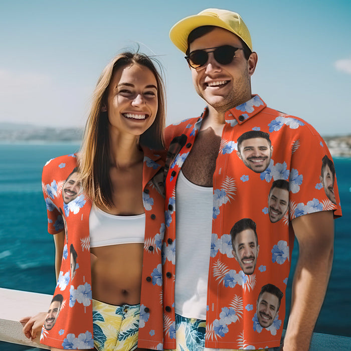 Custom Photo Hawaiian Shirt Beach Vacation Couple Wears Popular All Over Print Hawaiian Beach Shirt Holiday Gift