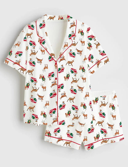 Women's Christmas Elk Short Sleeve Satin Pajama Set