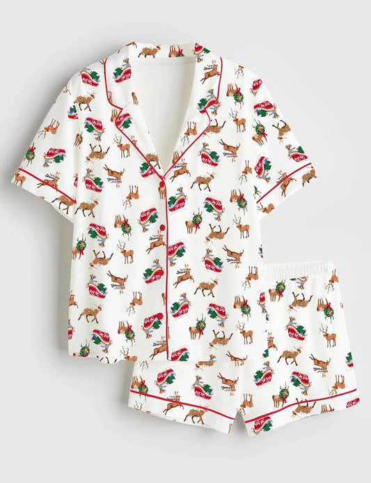 Women's Christmas Elk Short Sleeve Satin Pajama Set