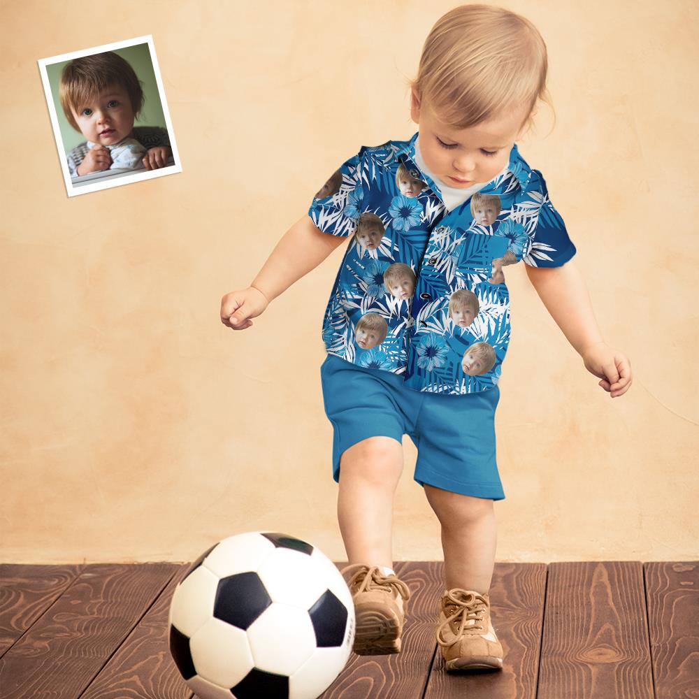 Léine Haváise Aghaidh Chustaim Kid's Ar fud Priontáil Gorm Léine Muinchille Gearr