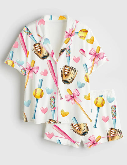 Women’s Softball Bow Softball Mom Softball Girl Short Sleeve Satin Pajama Set