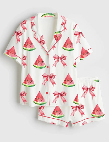 Women’s Coquette Watermelon Trendy Summer Beach Babe Short Sleeve Satin Pajama Set