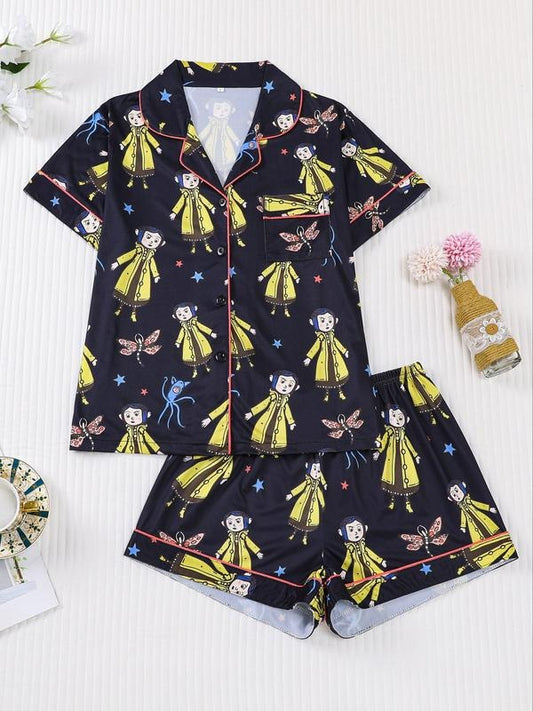 Women's Monkey Print Pajama Set, Short Sleeve Button Front Top & Elastic Shorts, Casual Home Wear, Comfortable Sleepwear