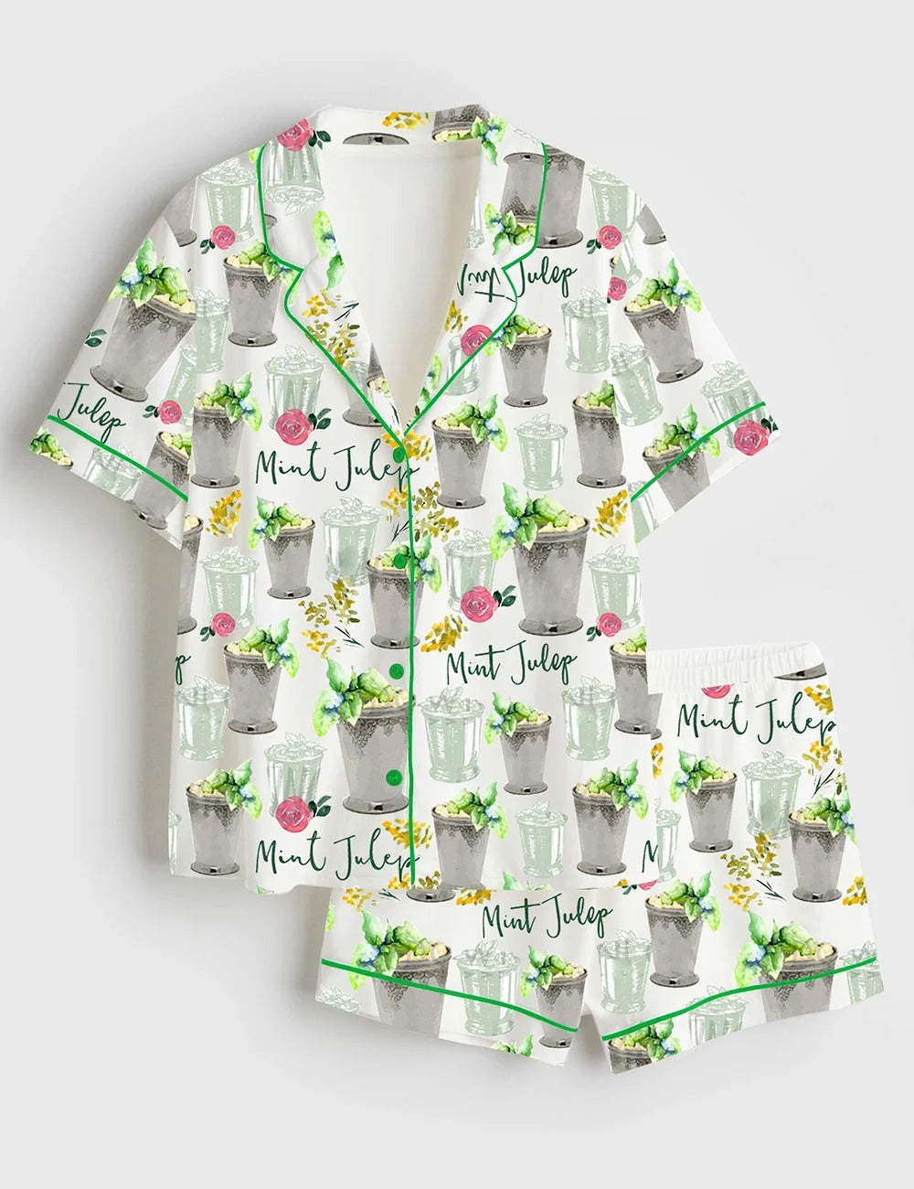 Women’s Kentucky Derby Mint Julep Horse Racing Run For The Roses Short Sleeve Satin Pajama Set