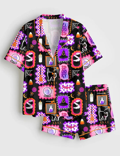 Women’s Trendy Halloween Colorful Spooky Patchwork Witch Themed Neon Halloween Print Short Sleeve Satin Pajama Set