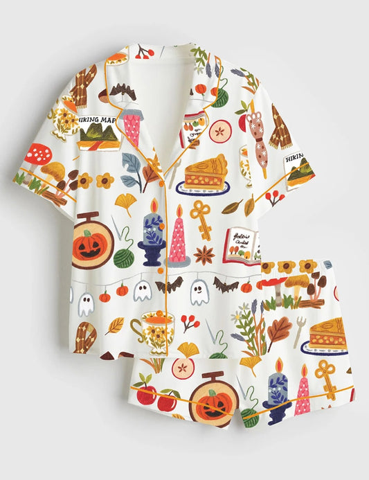 Women’s Spooky Halloween Autumn Candle Coffee Cake Mushroom Wool Scarf Pumpkin Bat Short Sleeve Satin Pajama Set