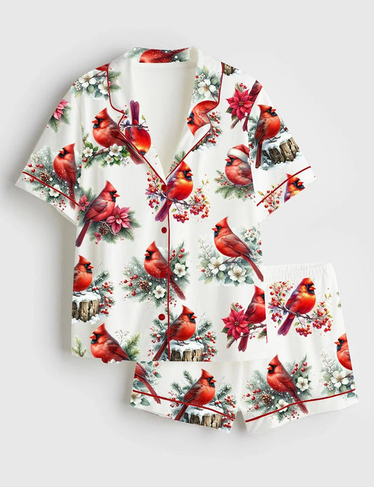 Women's Cardinal Bird Short Sleeve Satin Pajama Set