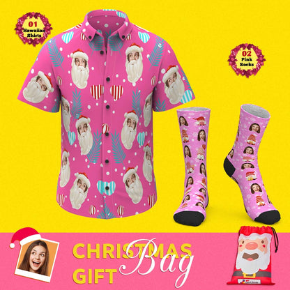 Christmas Gift Bags Custom Face Hawaiian Shirts And Socks Set For Him Pink Xmas
