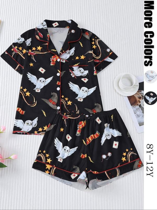 Women's Owl Print Short Sleeve Top & Elastic Waist Shorts Pyjama, Casual Comfy T-shirt & Shorts PJ Set, Ladies Sleepwear for Summer, Loungewear