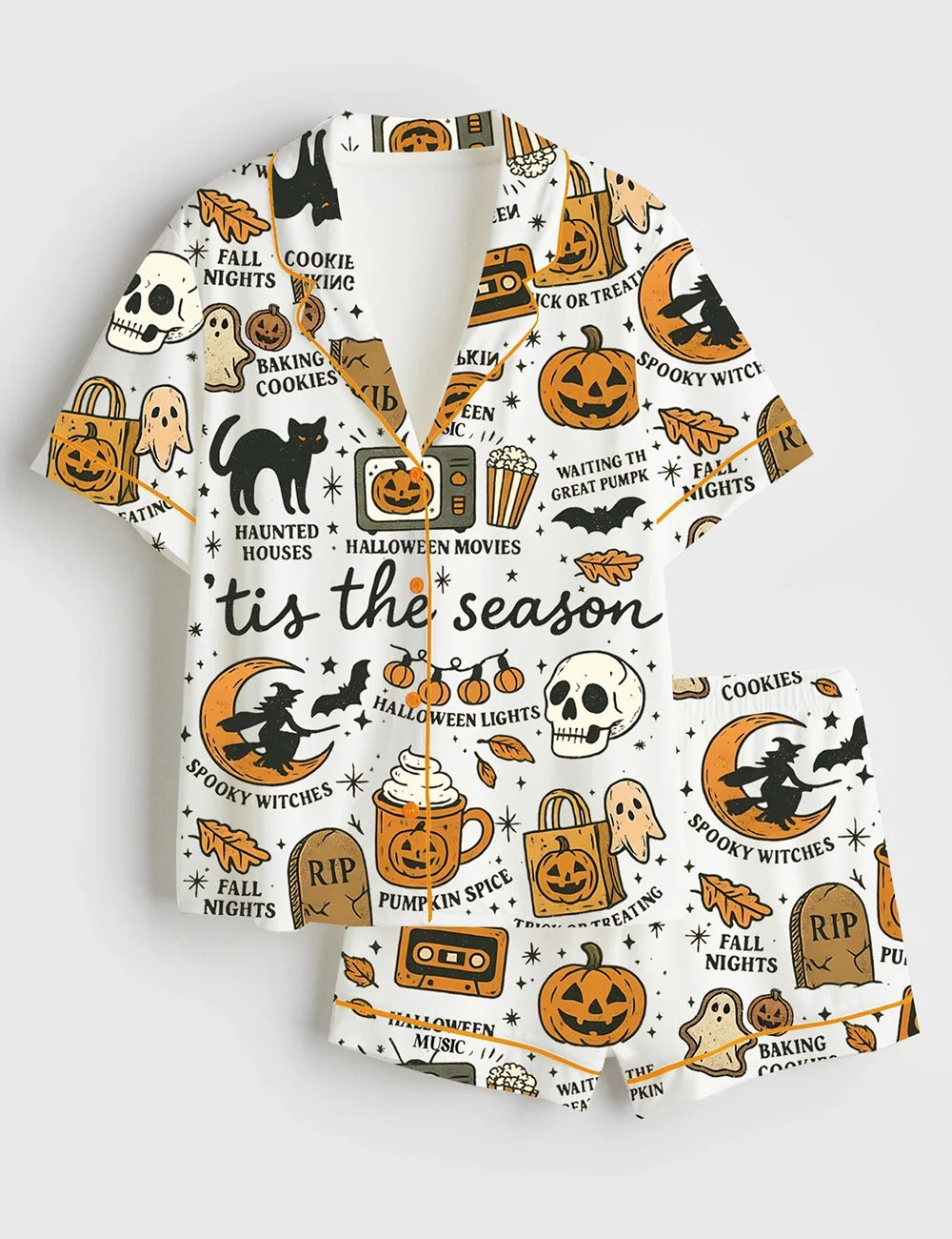 Women’s Retro Halloween Ghost Boho Autumn Spooky Season Short Sleeve Satin Pajama Set