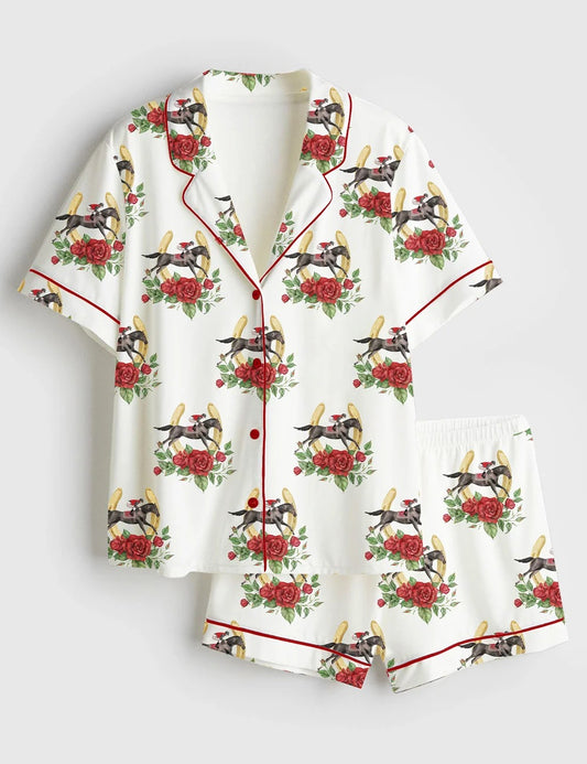 Women’s Kentucky Derby Red Roses Horse Race Western Short Sleeve Satin Pajama Set