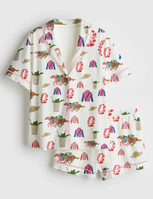 Women’s Kentucky Horse Derby Western Short Sleeve Satin Pajama Set