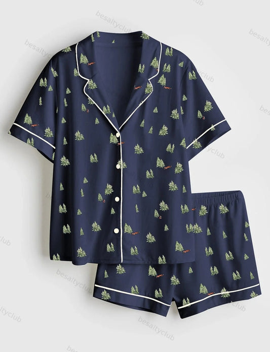 Christmas Tree Short Sleeve Satin Pajama Set