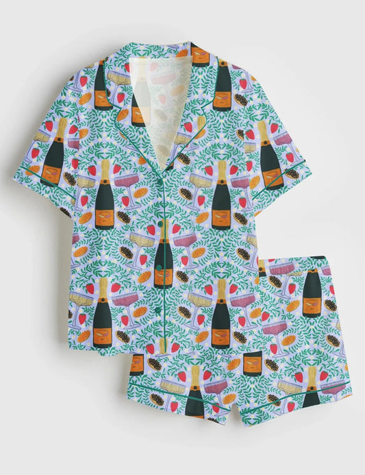 Women's Champagne Glasses Food Plants Short Sleeve Satin Pajama Set