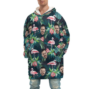 Custom Face Adult Unisex Blanket Hoodie Personalized Blanket Pajama Gift Hawaiian Flamingos For Men