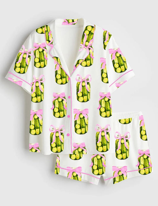 Women’s Coquette Pickle Lovers Fancy Girl Who Loves Pickles Print Short Sleeve Satin Pajama Set