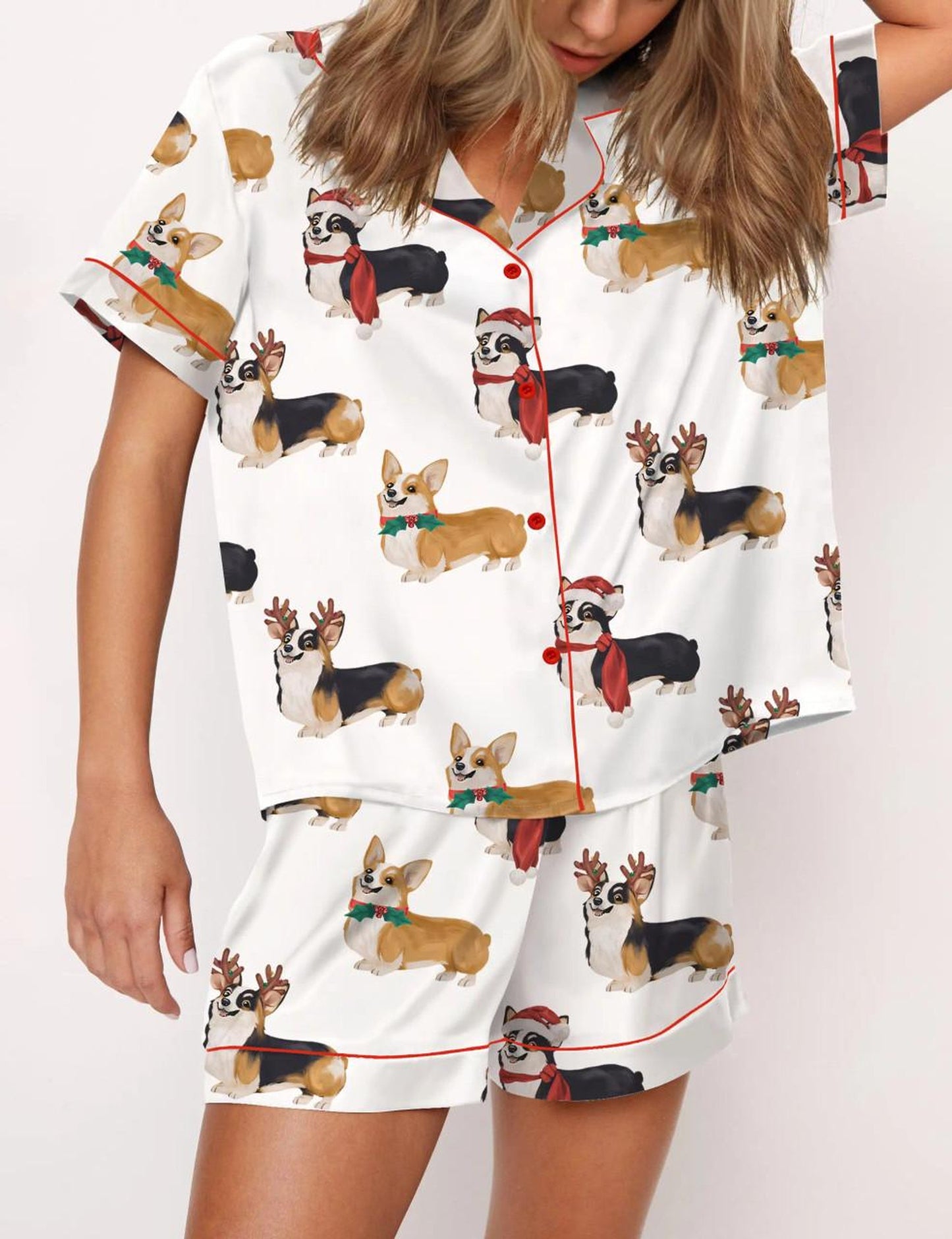Christmas Corgi Satin Pajama Set For Women