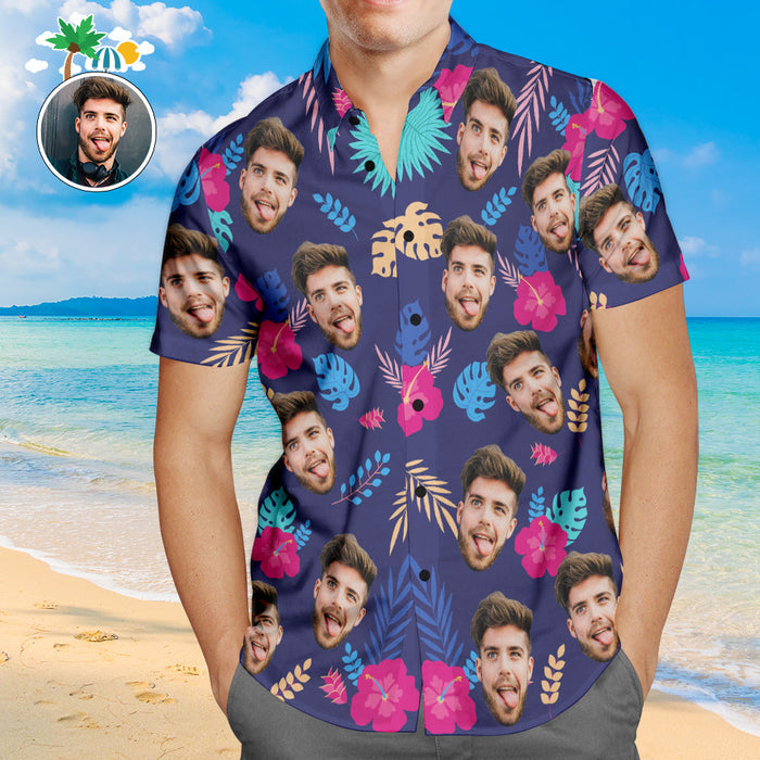 Custom Face Hawaiian Shirt Colorful Leaves Personalized Aloha Beach Shirt For Men