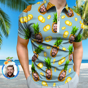 Custom Face Polo Shirt with Zipper Personalized Funny Pineapple Pattern Men's Polo Shirt