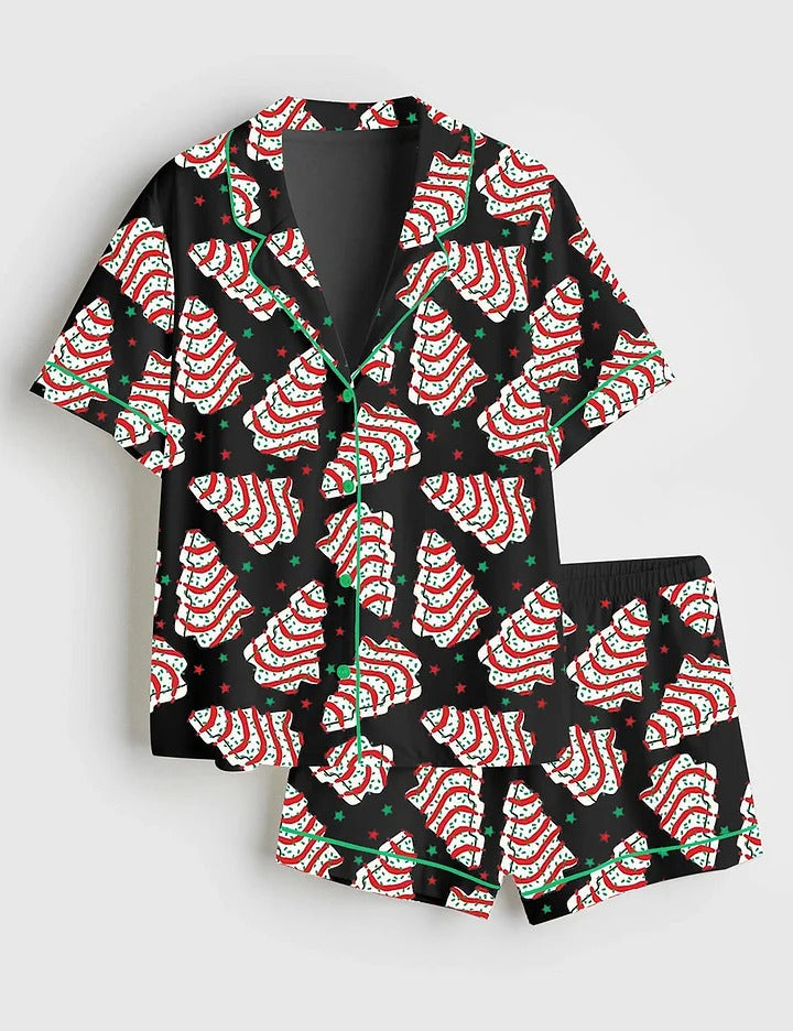 Women's Christmas Tree Cake Shorts Sleeve Satin Pajama Set