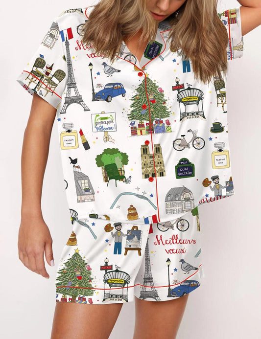 Christmas In Paris Satin Pajama Set For Women