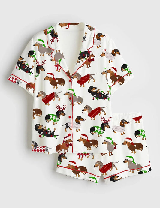 Women's Christmas Dachshund Short Sleeve Satin Pajama Set