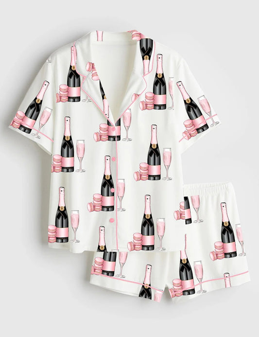 Women’s Pink Champagne Glass Dessert Short Sleeve Satin Pajama Set