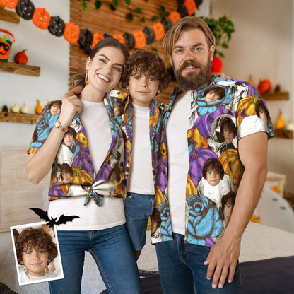 Custom Face Funny Pumpkin & Skull Print Family Matching Hawaiian Outfit