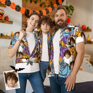 Custom Face Funny Pumpkin & Skull Print Family Matching Hawaiian Outfit