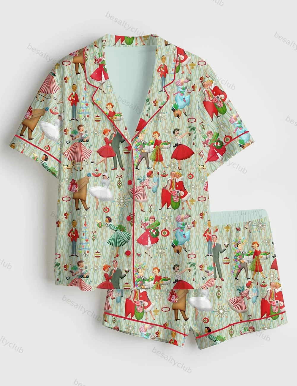 1950s Retro Vintage Christmas Short Sleeve Satin Pajama Set