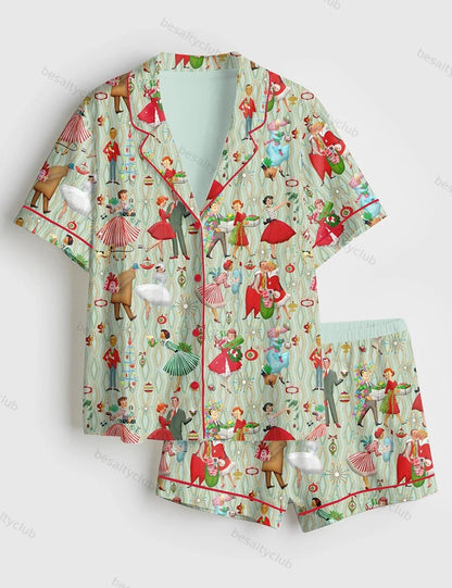 1950s Retro Vintage Christmas Short Sleeve Satin Pajama Set