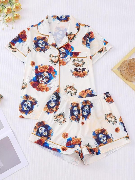 Women's Floral Print Shirt & Elastic Waist Shorts Pajama Two-piece Set, Casual Comfy Short Sleeve Top & Shorts Pajama Set, Ladies Sleepwear for Summer