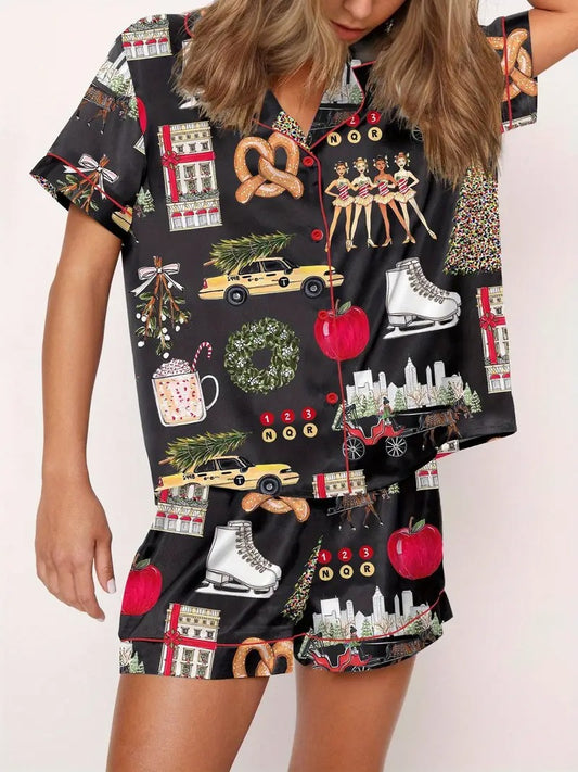 Satin Pajama Print Polyester Satin SHESHOW Women's Casual Pajama Set - Short Sleeve, Button Detail, Non-Woven Fabric, for All Season Comfort Sleepwear