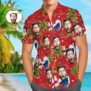 Custom Face Shirt Personalized Photo Men's Hawaiian Shirt Christmas Gift - Surfing Santa