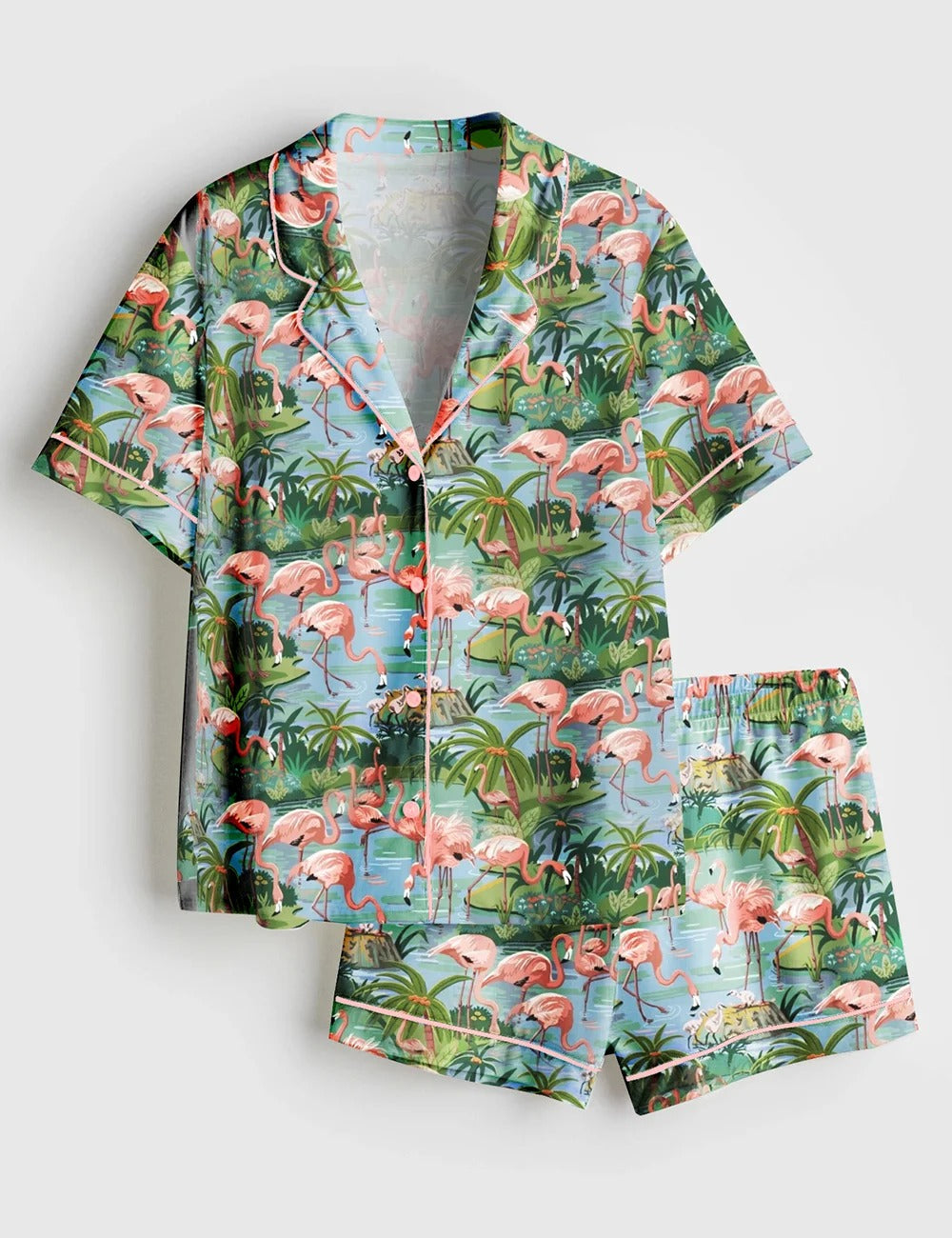 Women’s Flamingo Lagoon Summer Beach Plant Short Sleeve Satin Pajama Set