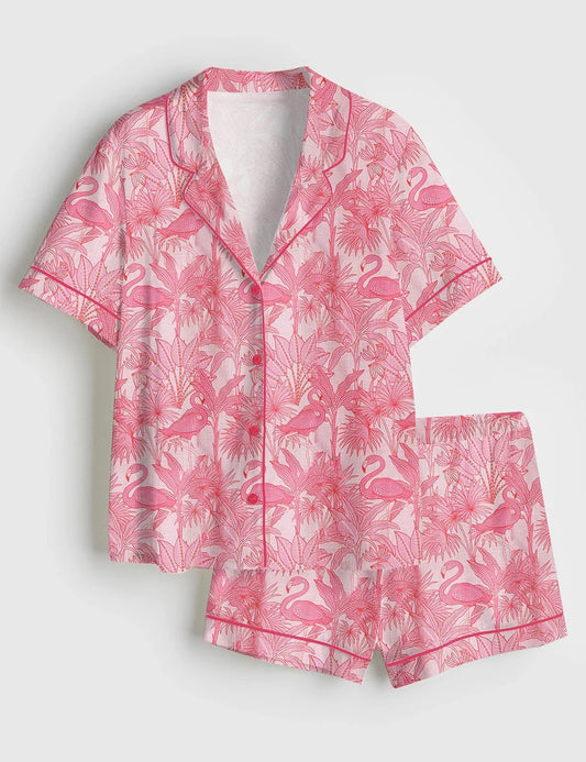 Women’s Summer Pink Flamingo Short Sleeve Satin Pajama Set