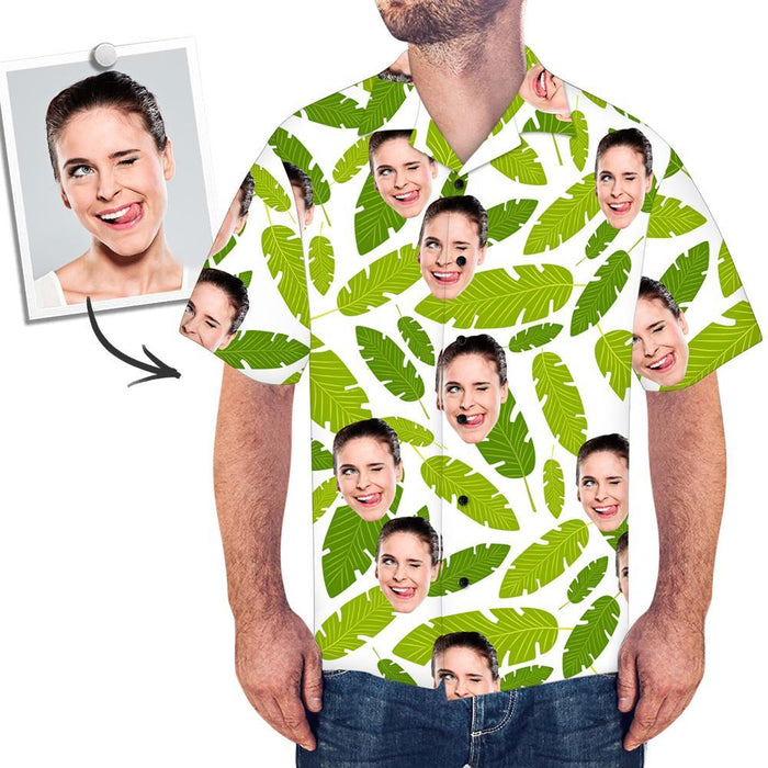Custom Face Men's Hawaiian Shirt Fresh Green Leaves