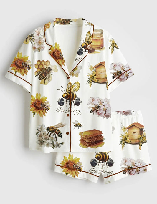 Women's Bee Strong Sunflower Short Sleeve Satin Pajama Set