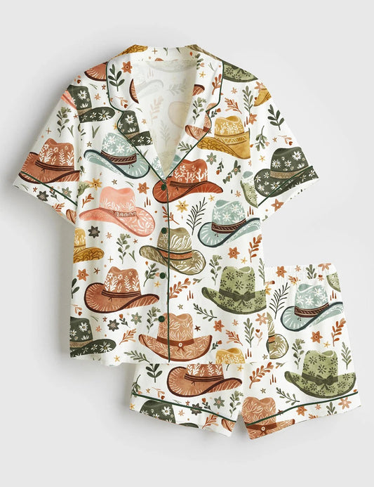 Women's Cowboy Hats Whimsical West Theme Short Sleeve Satin Pajama Set