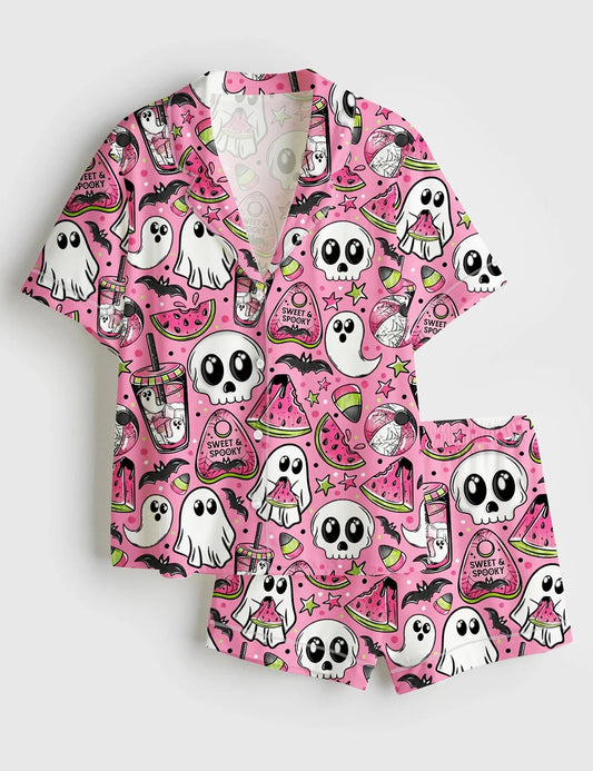 Women’s Spooky Watermelon Summer Ghost Skellie Skeleton Bat Drink Spooky Halloween Print Short Sleeve Satin Pajama Set