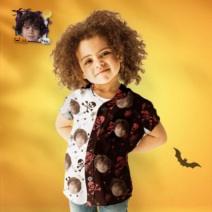 Custom Face Halloween Hawaiian Shirt Kid's Two Tone Skeleton Print Shirt