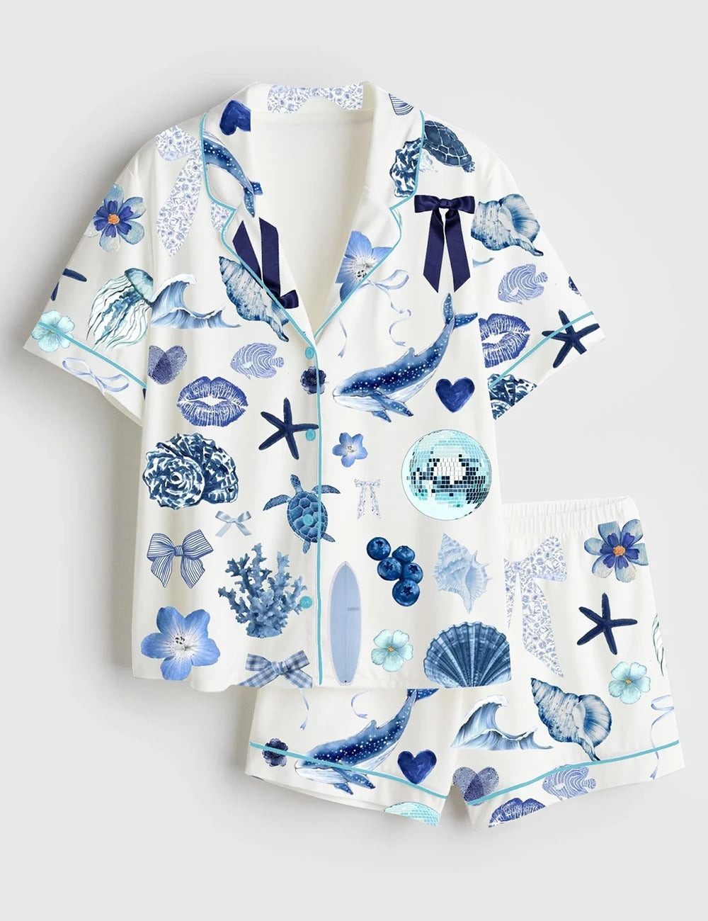 Women’s Coquette Seashell Coastal Summer Vibes Turtle Shark Shell Sea World Short Sleeve Satin Pajama Set