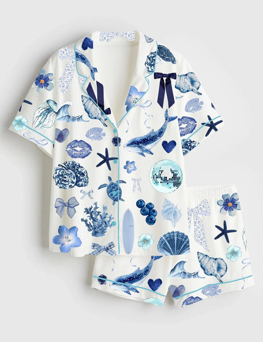 Women’s Coquette Seashell Coastal Summer Vibes Turtle Shark Shell Sea World Short Sleeve Satin Pajama Set