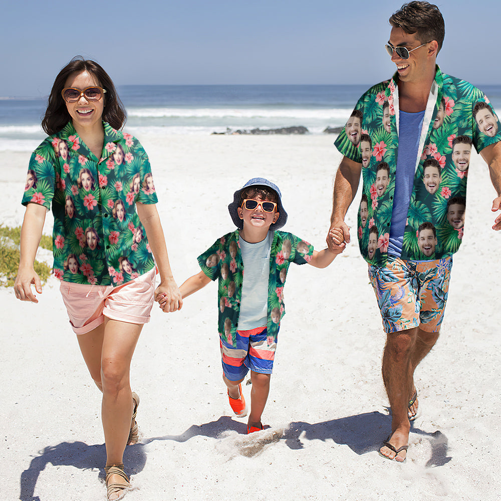 Custom Photo Hawaiian Shirt Couple Outfit Parent-child Wears Personalised Face Hawaiian Shirt Gift Red Flowers