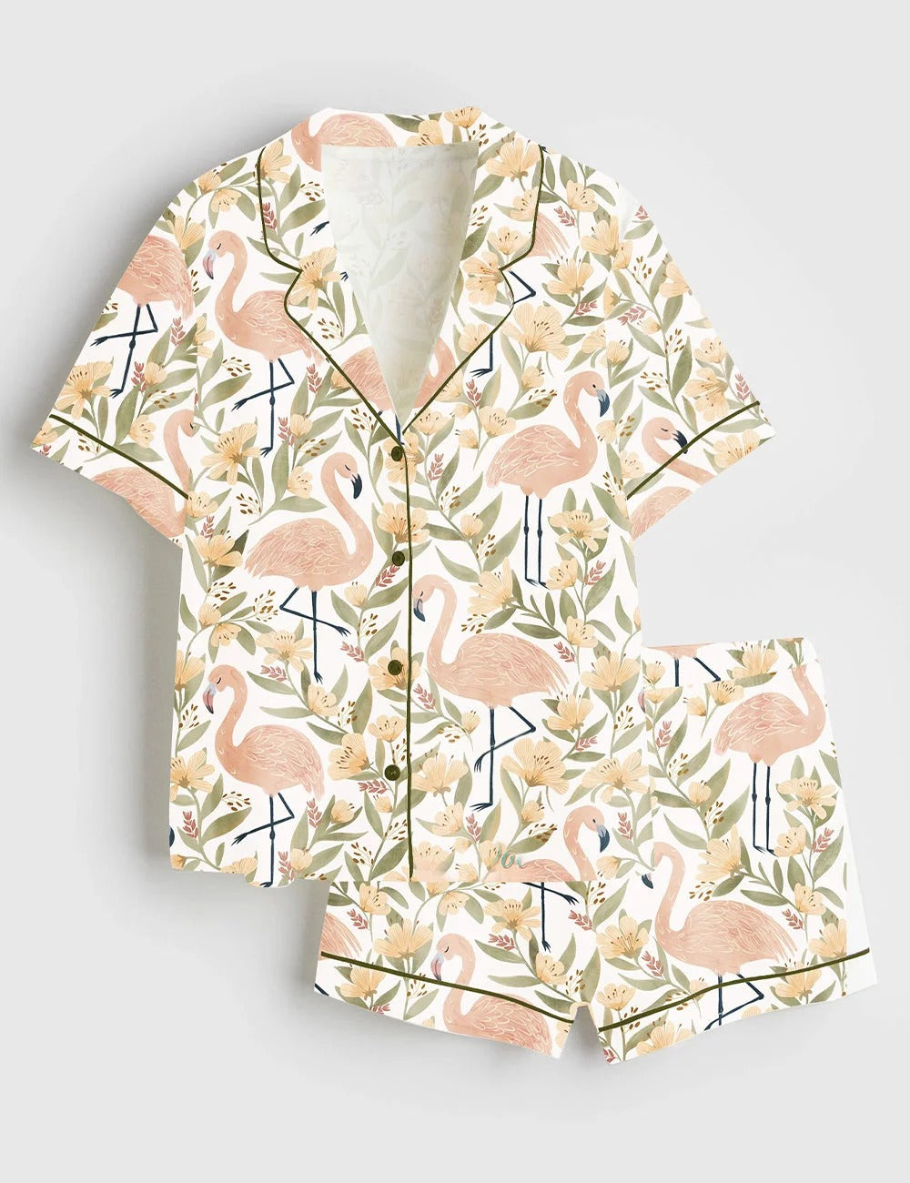 Women's Flamingos Floral Pattern Short Sleeve Satin Pajama Set